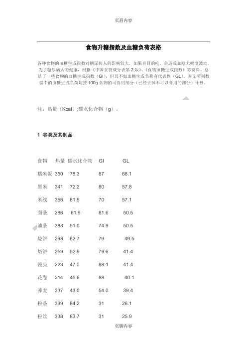 食物升糖指数及血糖负荷表格模板格