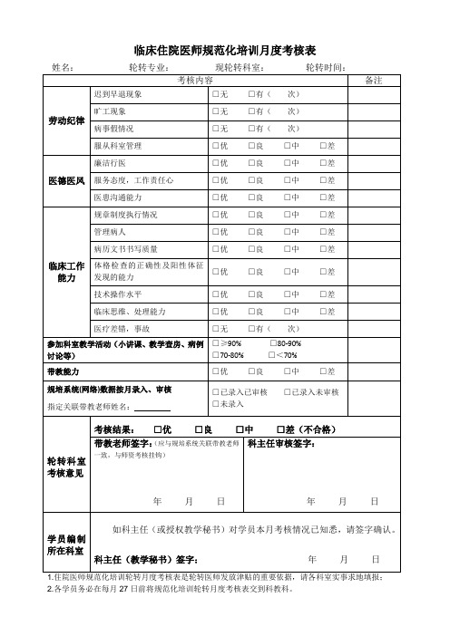 临床住院医师规范化培训月度考核表