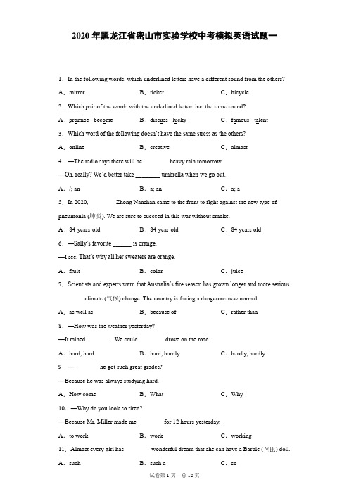 2020年黑龙江省密山市实验学校中考模拟英语试题一