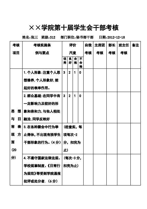 学生会干部考核表模板