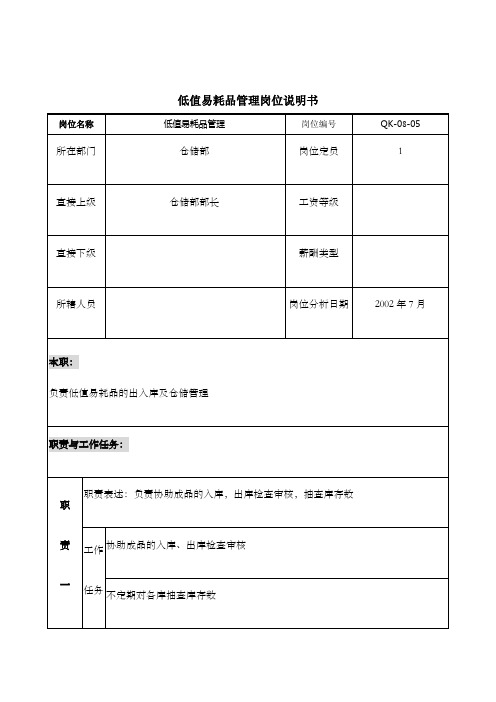 建材行业仓储部低值易耗品管理岗位说明书