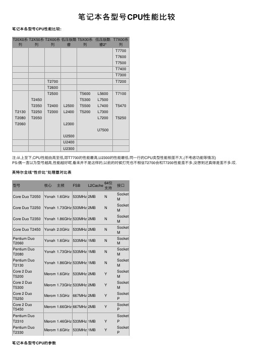 笔记本各型号CPU性能比较