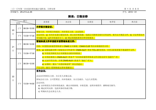 2  二〇一〇年第一次内部审核实施计划附表：日程安排