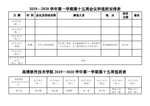 2019—2020学年第一学期第十五周会议和值班安排表