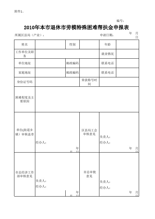 1、2010本市退休市劳模特殊困难帮扶金申报表