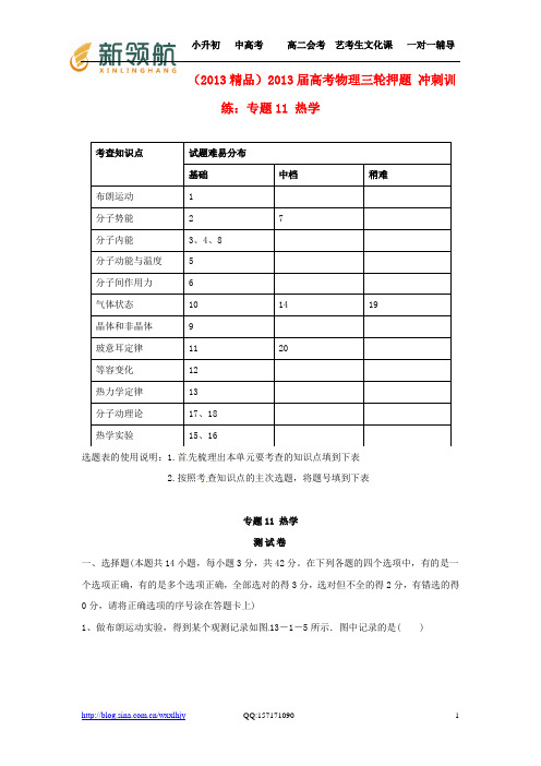 无锡新领航教育特供：2013届高考物理三轮押题 精品冲刺训练 专题11 热学