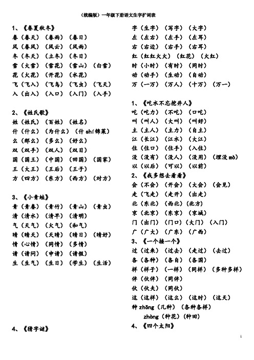 (统编版)一年级下册语文生字扩词表