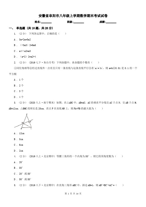 安徽省阜阳市八年级上学期数学期末考试试卷