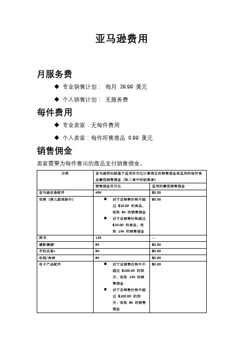 亚马逊佣金及其他费用