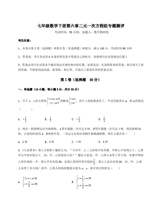 2022年最新冀教版七年级数学下册第六章二元一次方程组专题测评练习题(精选)