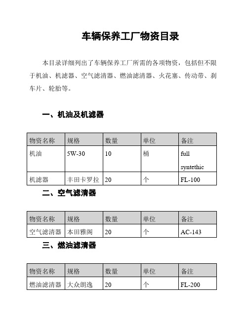 车辆保养工厂物资目录