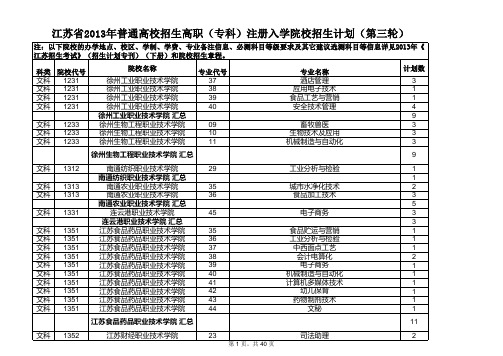 江苏省2013年普通高校招生高职(专科)注册入学院校招生计划(第三轮)