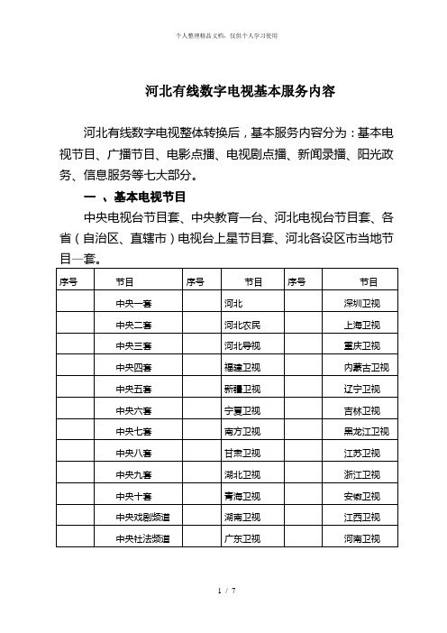 河北有线数字电视基本服务内容