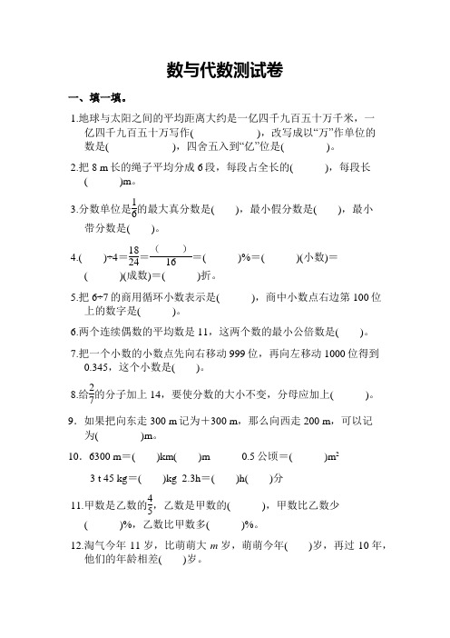 数学北师大版六年级下数与代数测试题附答案