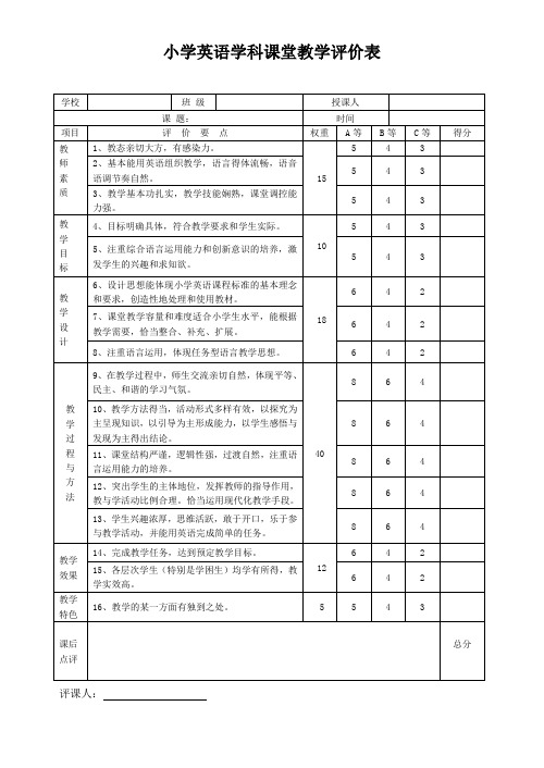 小学英语课堂教学评价表