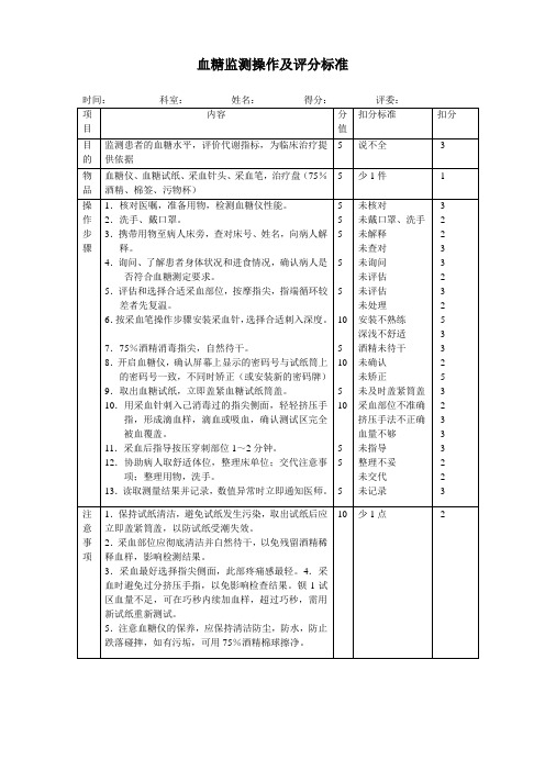 血糖监测操作及评分标准