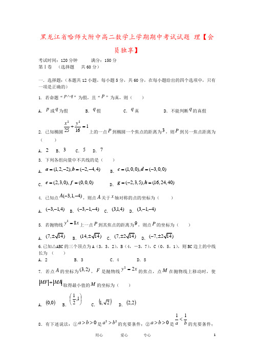 黑龙江省哈师大附中高二数学上学期期中考试试题 理