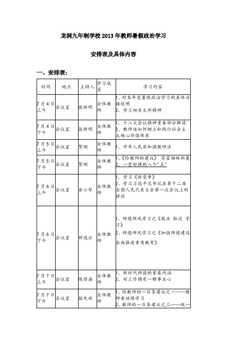 2013年教师暑假政治学习安排表及学习内容1