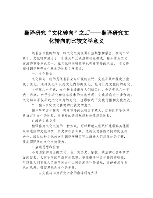 翻译研究“文化转向”之后——翻译研究文化转向的比较文学意义