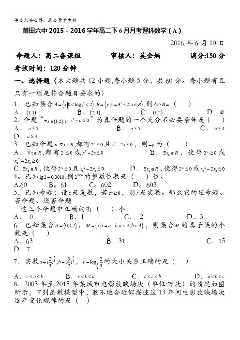 福建省莆田第六中学2015-2016学年高二6月月考数学(理)试题(实验班) 含答案