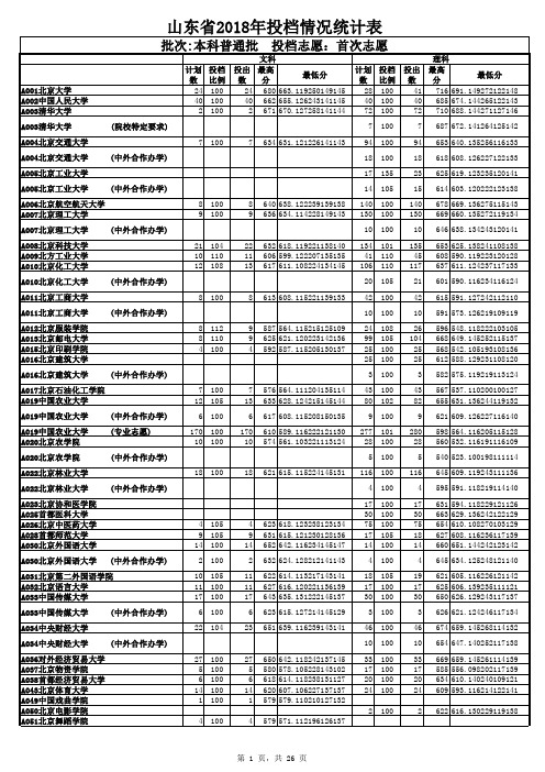 2018年普通文理本科第一次投档线