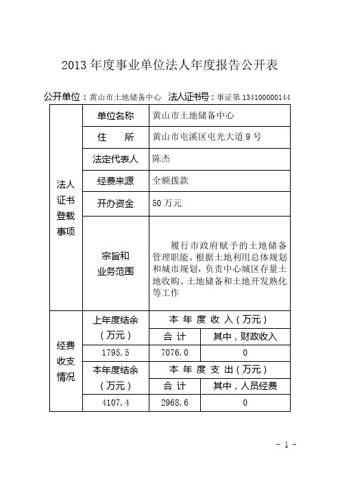 2013年度事业单位法人年度报告公开表