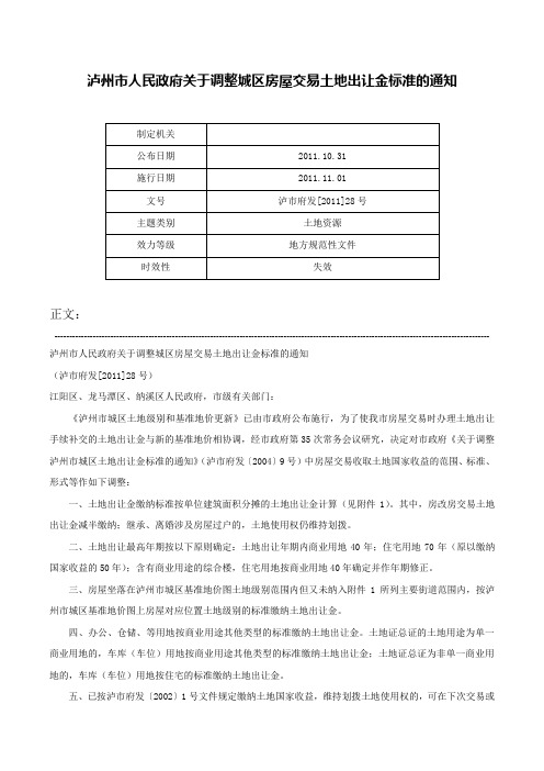 泸州市人民政府关于调整城区房屋交易土地出让金标准的通知-泸市府发[2011]28号