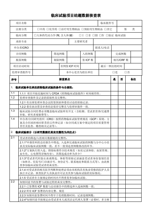 临床试验项目结题数据核查表