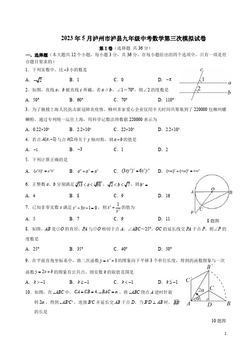 2023年5月泸州市泸县九年级中考数学第三次模拟试卷附答案解析