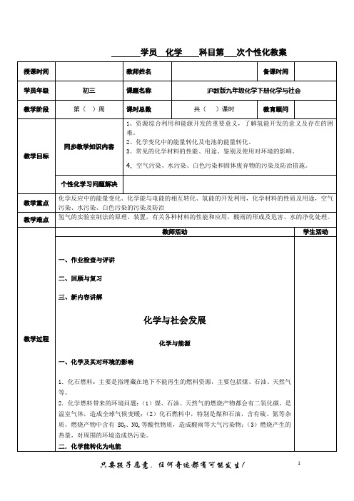 初中化学第九章化学与社会发展 教案