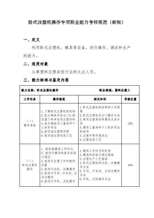 新版 国家 专项职业能力考试 证书 卧式注塑机操作 专项职业能力考核规范