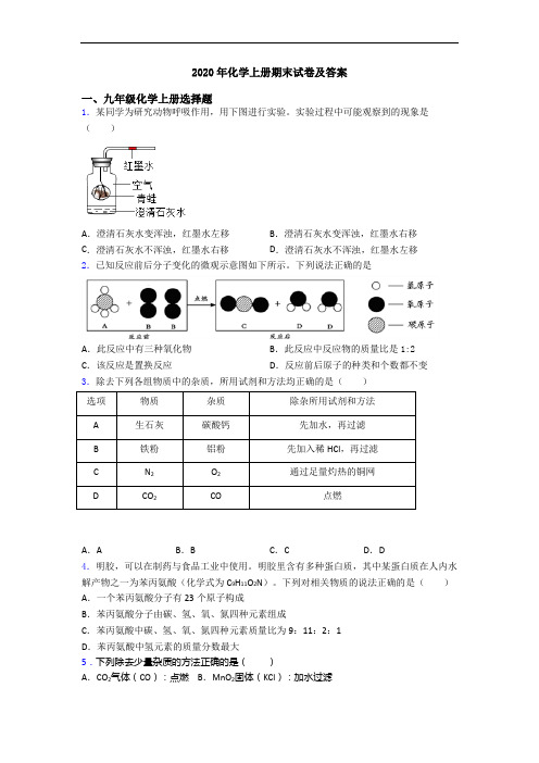 2020年化学初三化学上册期末试卷及答案