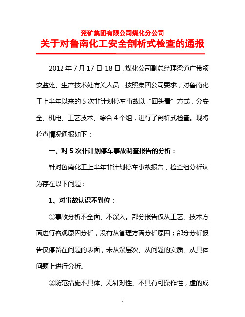 关于对鲁南化工安全剖析式检查的通报