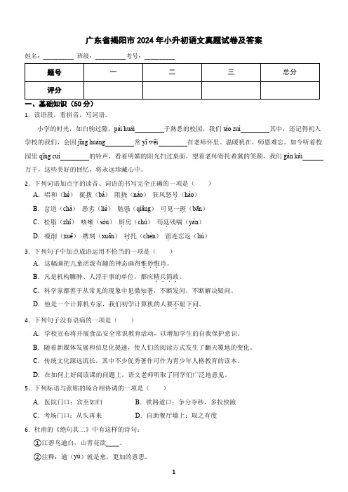 广东省揭阳市2024年小升初语文真题试卷及答案 (2)