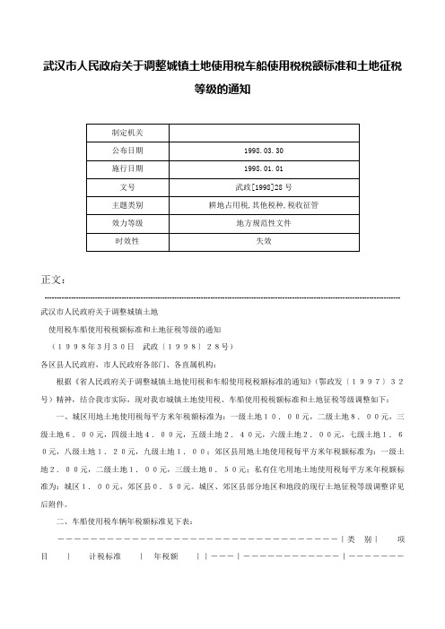 武汉市人民政府关于调整城镇土地使用税车船使用税税额标准和土地征税等级的通知-武政[1998]28号