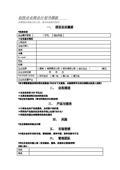 创投企业商业计划书模板