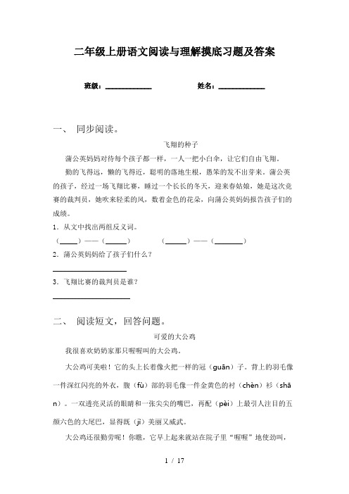 二年级上册语文阅读与理解摸底习题及答案