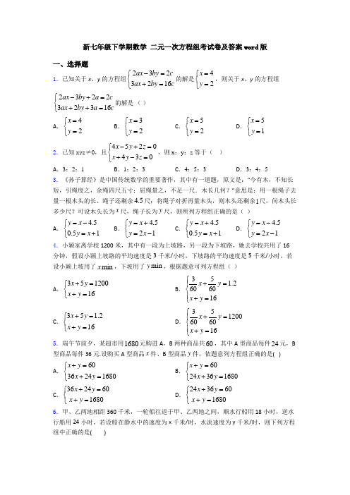 新七年级下学期数学 二元一次方程组考试卷及答案word版