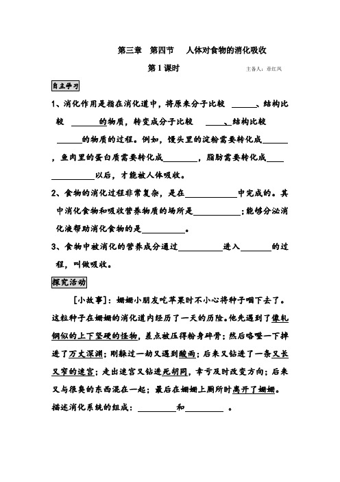 苏科版生物七上第四节《 人体对食物的消化吸收》word教案一