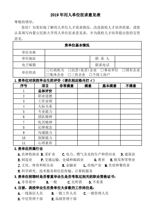 2019年用人单位意见反馈表-内蒙古民族大学