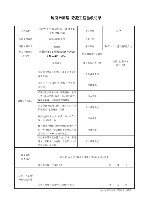 装饰装修隐蔽工程验收记录表(全套规范范例)