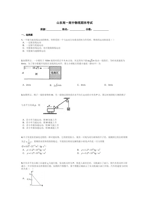 山东高一高中物理期末考试带答案解析
