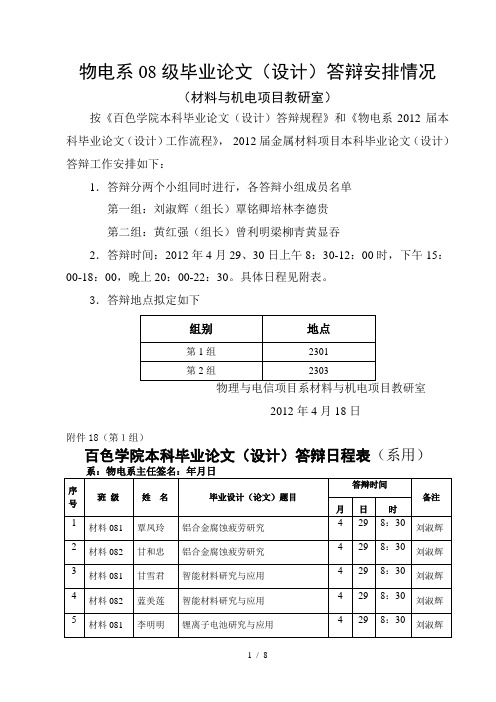 #百色学院本科毕业论文(设计)答辩日程表(系用)(材料与机电)#