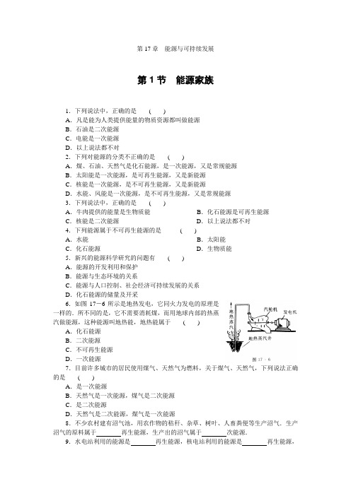 人教版-物理-九年级全一册第1节能源家族课后拓展训练