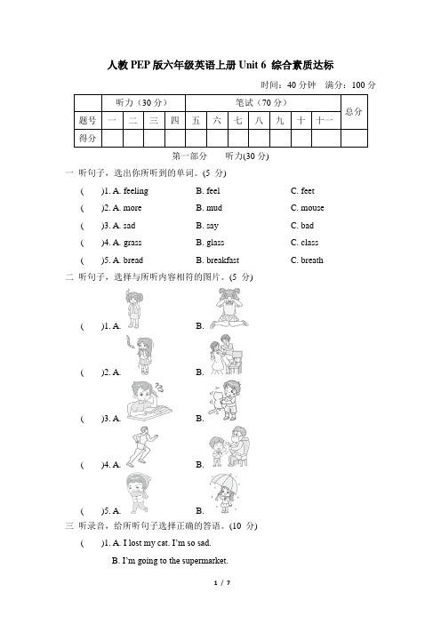 人教PEP版六年级英语上册Unit 6 综合素质达标含答案