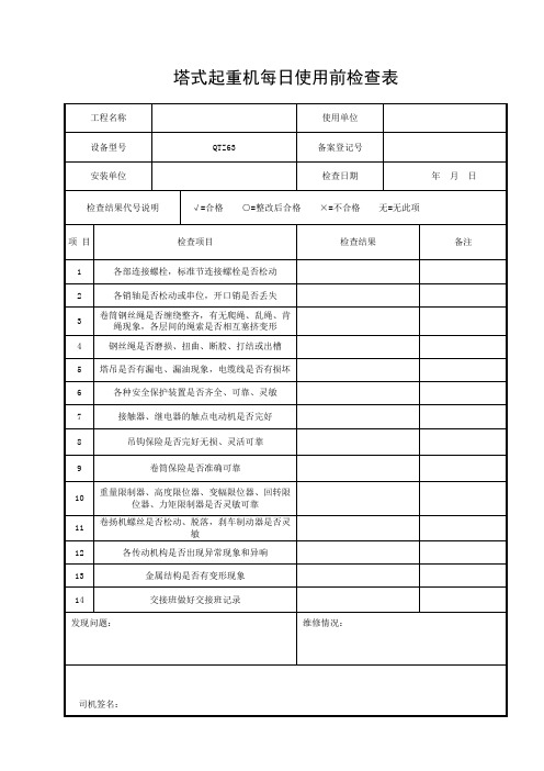 塔式起重机每日使用前检查表