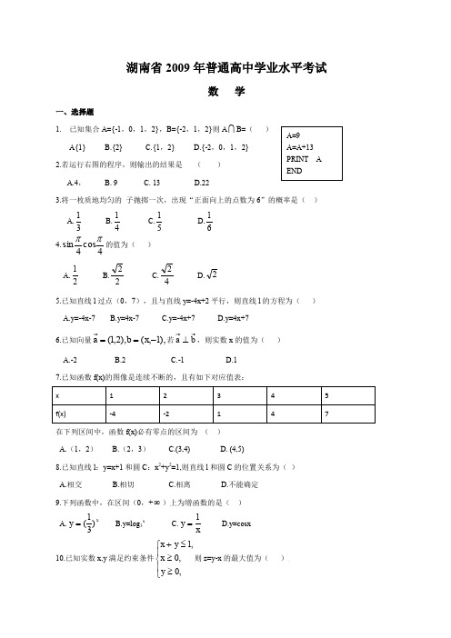 精选范文湖南省普通高中学业水平考试数学试卷及答案