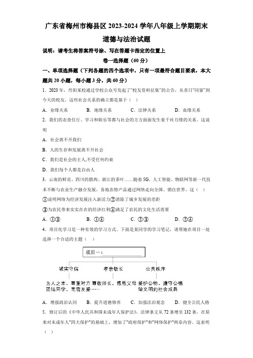 广东省梅州市梅县区2023-2024学年八年级上学期期末 道德与法治试题(含解析)