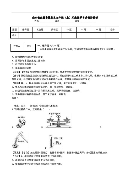 山东省东营市垦利县九年级(上)期末化学考试卷带解析.doc