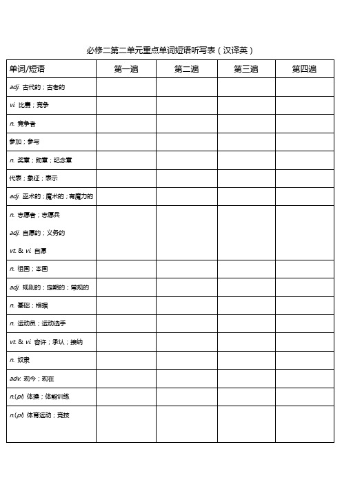 Unit2重点单词短语听写表(汉译英)人教版高中英语必修二